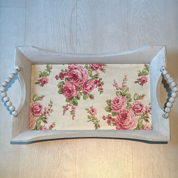 Other - Wooden Tray Floral Shabby Chic Cottage Cabbage Rose Beaded Handles White Pink